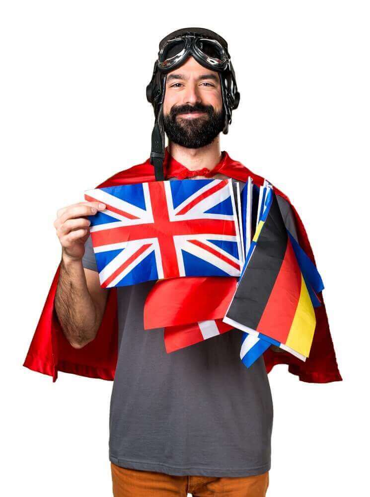 Happy superhero with a lot of flags