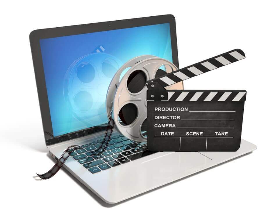 Laptop with films reel and movie clapper