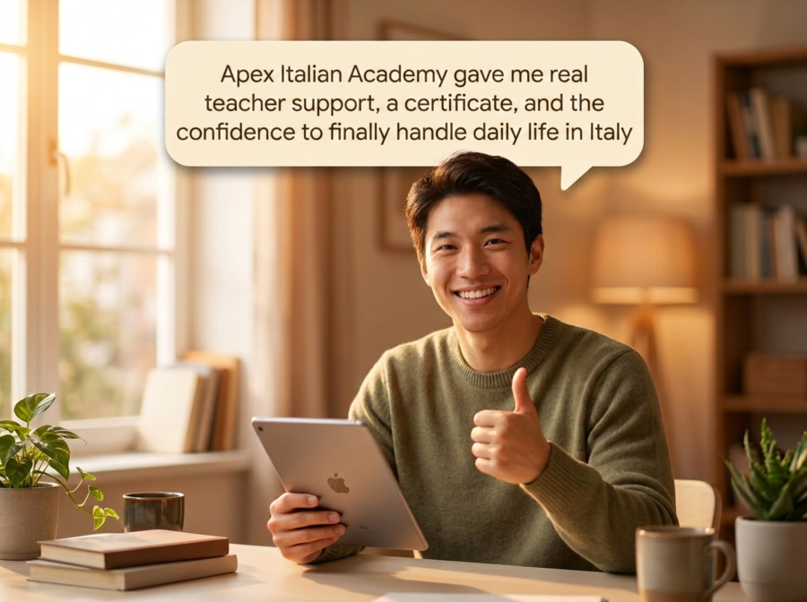 Man giving a thumbs up while holding a tablet, with a speech bubble praising Apex Italian Academy's teacher support and certificate.