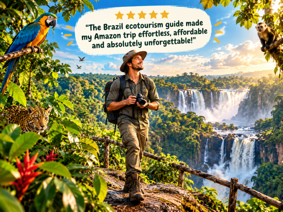 Hiker with camera on a Brazil rainforest trail above waterfalls, with macaw, jaguar and monkey, under a 5-star guide quote