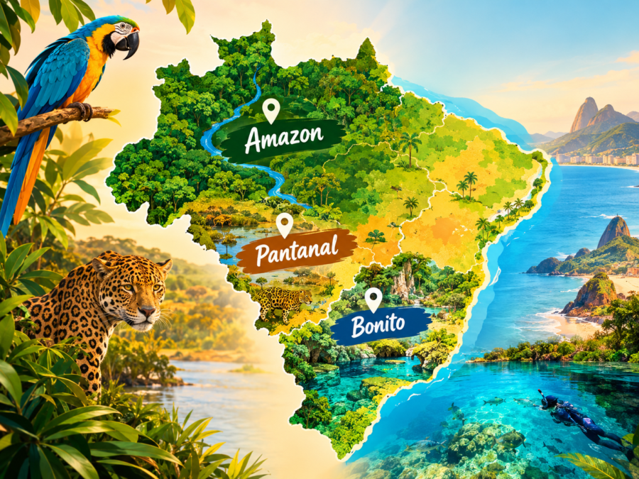 Map of Brazil nature destinations including Amazon, Pantanal, and Bonito ecotourism regions