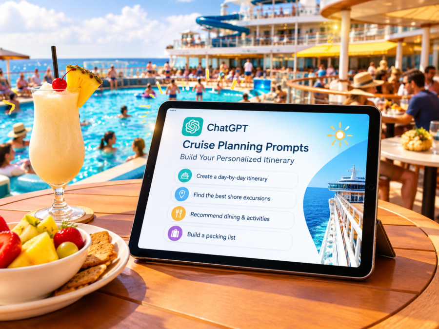 Traveler using ChatGPT cruise planning prompts on Ipad to build a personalized cruise itinerary