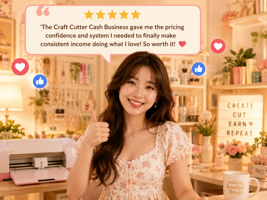 Five-star testimonial from a Cricut seller praising Craft Cutter Cash Business pricing confidence and income