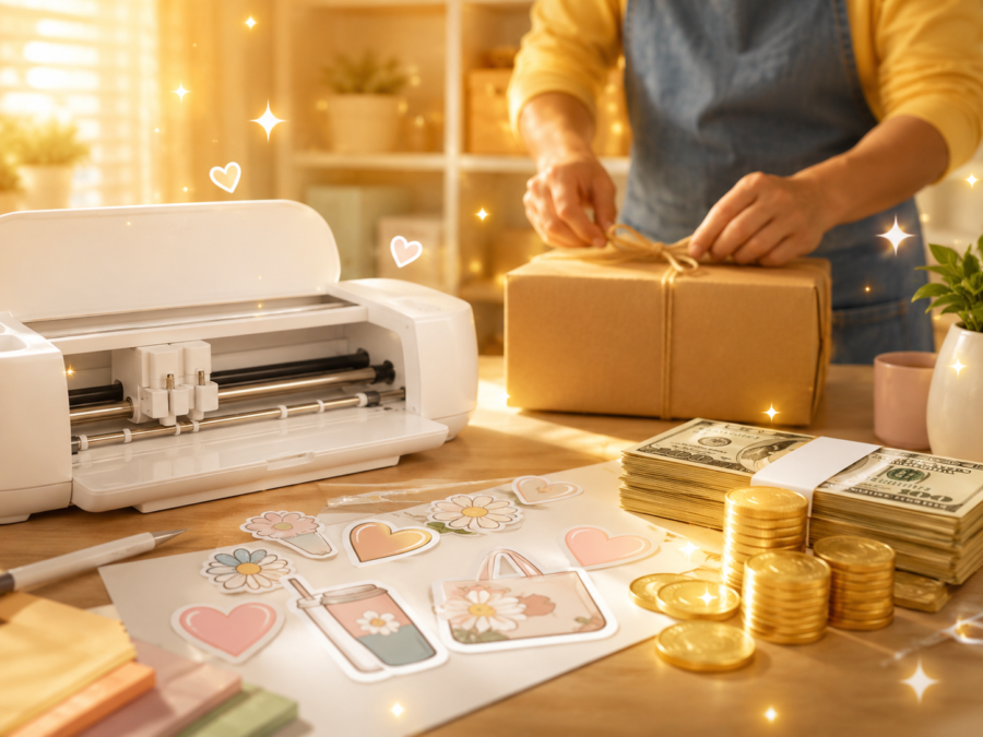 Cricut-made mugs, tumblers, totes, and stickers alongside cash, showing how a craft cutter pricing guide turns a Cricut hobby into income.