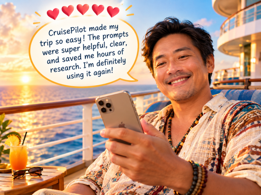 Smiling cruiser on a ship deck at sunset holding a phone, praising how CruisePilot made trip planning easy