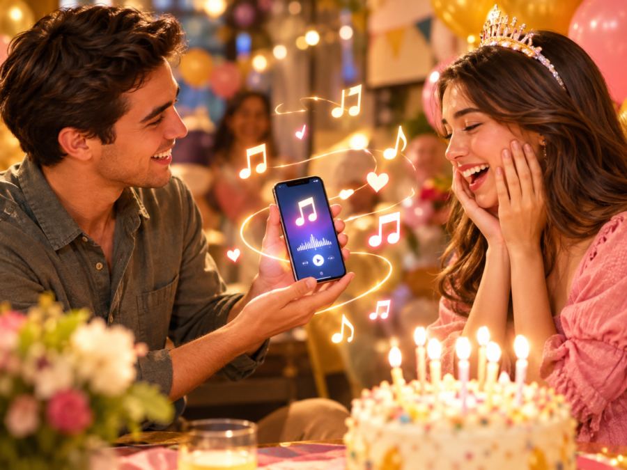 Woman in a tiara laughs with joy as a man surprises her with a custom song gift on his phone at her birthday party