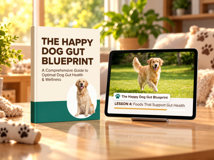 The Happy Dog Gut Blueprint digital program showing 7-step curriculum and gut recovery protocol