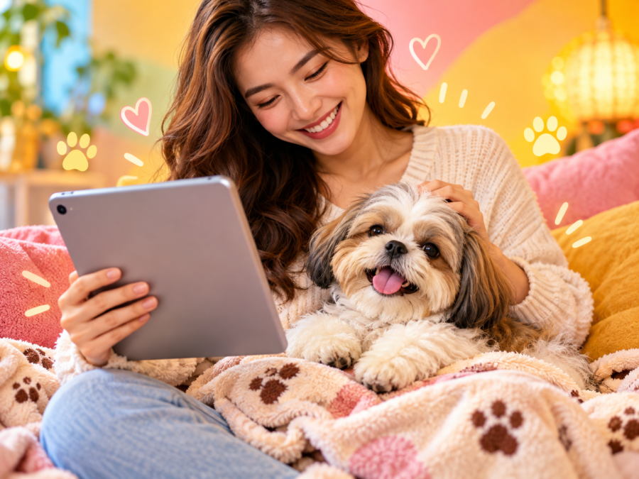 Dog owner reviewing natural gut health program on digital device for itching relief