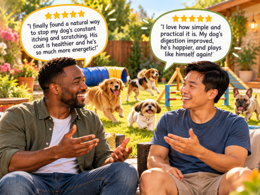 Two dog owners chat happily in a sunny backyard as dogs play, sharing gut health results like less itching and more energy