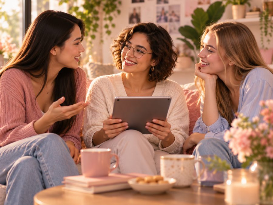 Three women laughing together, reflecting the supportive private community women find inside Full-Wisdom