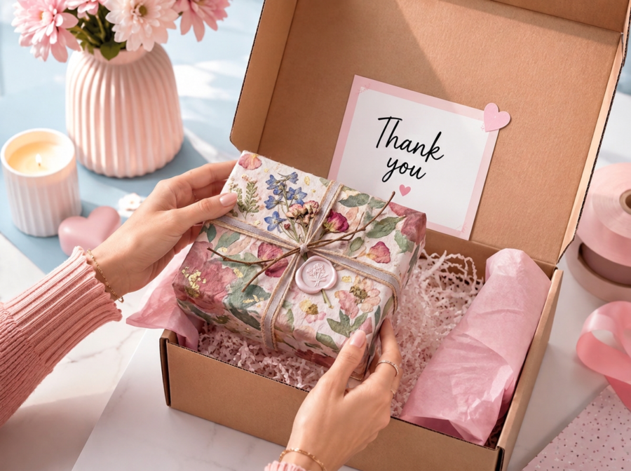 Packaged Cricut craft order with floral wrap and thank you card, part of a repeat-customer follow-up system
