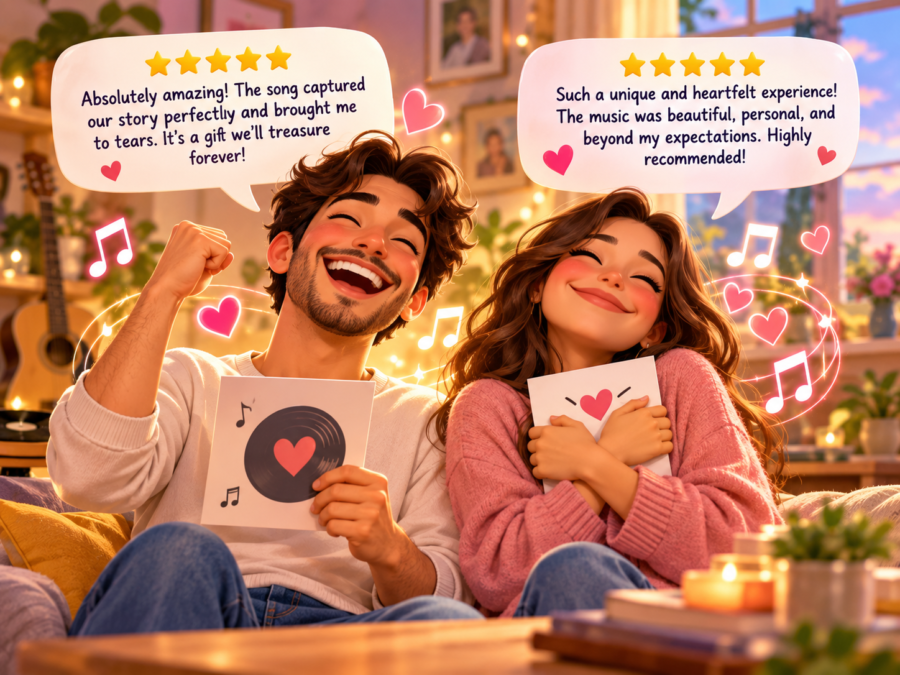 Happy couple celebrating their custom song gift beneath two five-star customer reviews in speech bubbles