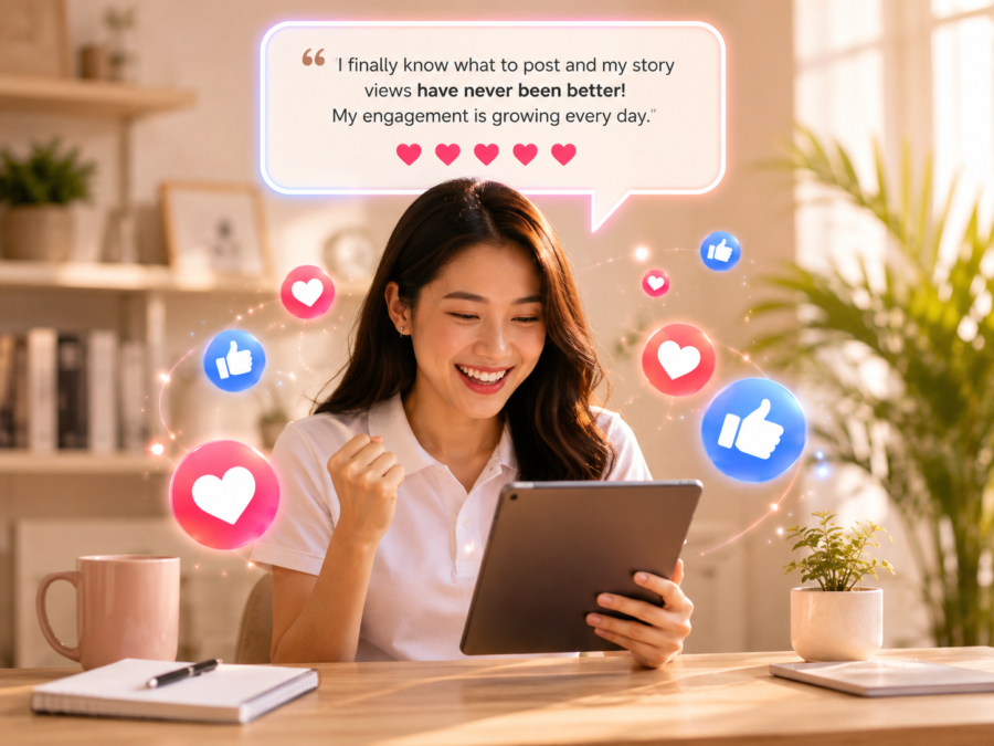 Smiling creator reviewing rising Instagram Story views and engagement on a tablet, surrounded by like and heart icons.