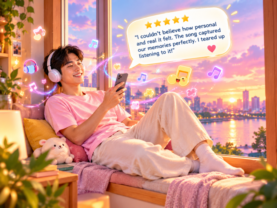 Smiling young man in headphones listens to a custom song on his phone by a sunset window, with a five-star review bubble
