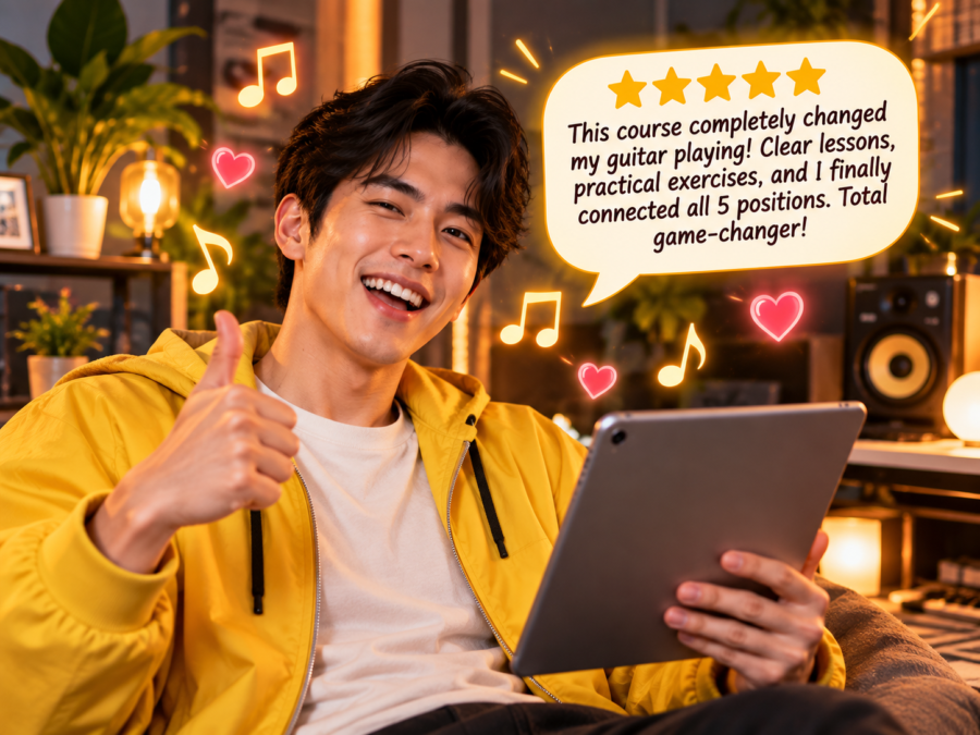 Guitarist celebrating a five-star review of The Best Minor Pentatonic Course by Adam Loves Guita