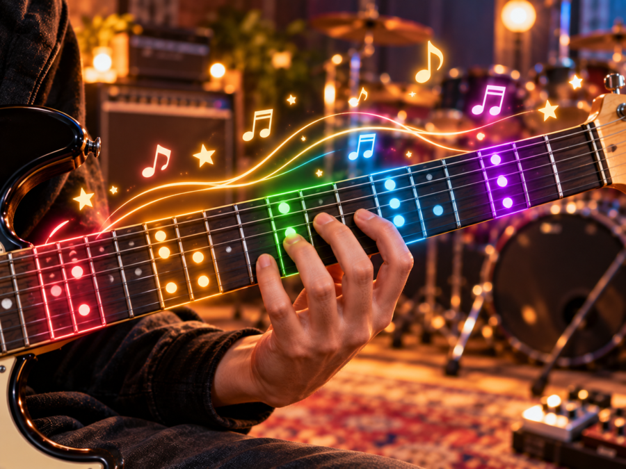 Guitar player learning all 5 minor pentatonic scale positions across the fretboard