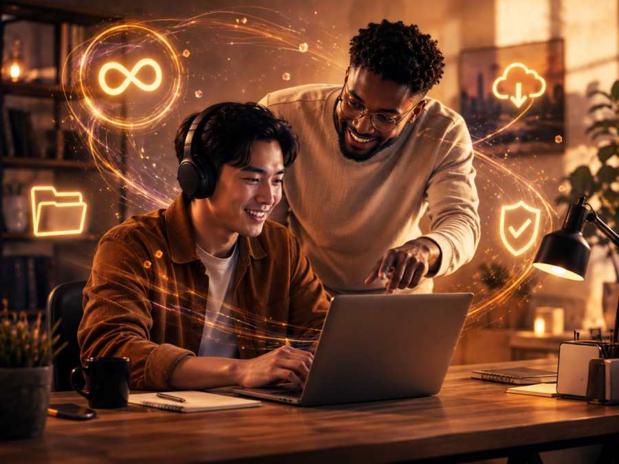 Two creators smiling at a laptop showing a video timeline, surrounded by glowing icons for unlimited access, cloud files, and folders.