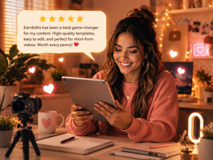Creator at a cozy desk with camera and ring light, smiling at a tablet showing a five-star testimonial about EarnEdits templates.