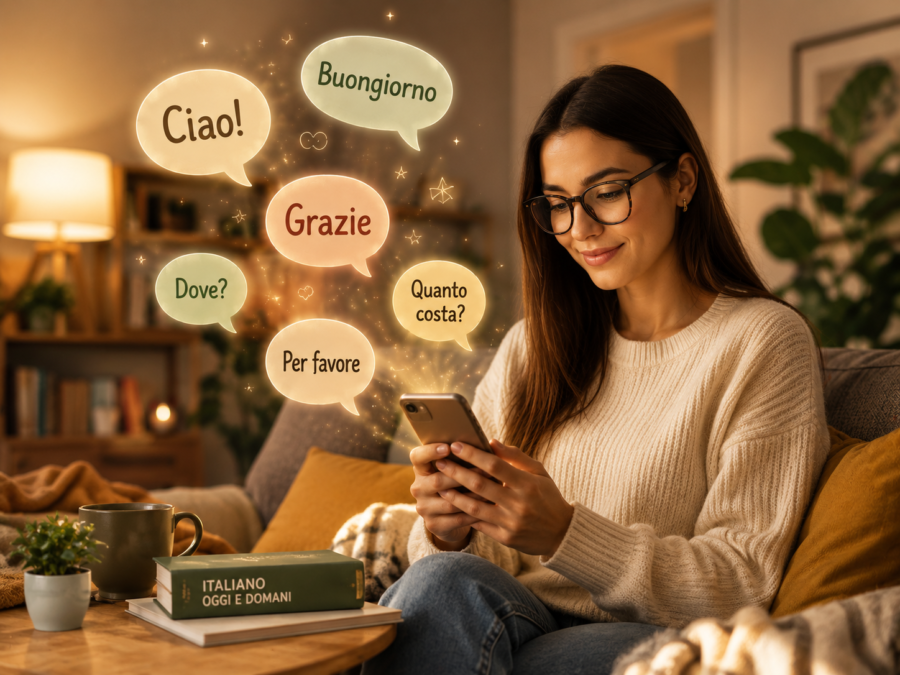Woman relaxing on a couch practicing Italian phrases like Ciao and Grazie on her smartphone